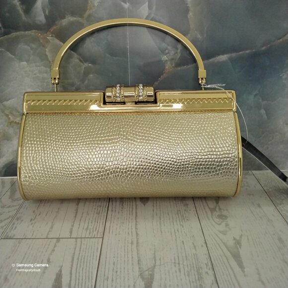 3-Way Gold Clutch Evening Bag Solid Handle Crystal Latch Removable Chain Strap - Picture 8 of 8